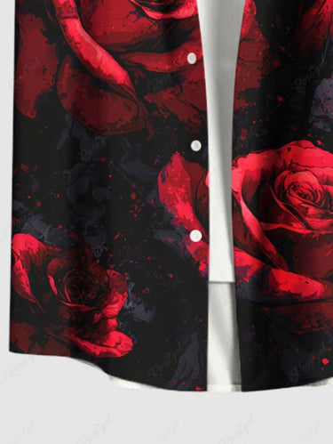 Gothic Plus Size Rose Flower Print Valentines Button Pocket Shirt For Men