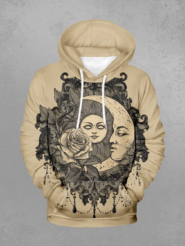 Gothic Plus Size Sun Moon Face Rose Flower Print Pullover Long Sleeves Hoodie For Men
