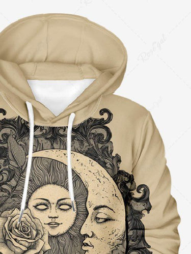 Gothic Plus Size Sun Moon Face Rose Flower Print Pullover Long Sleeves Hoodie For Men
