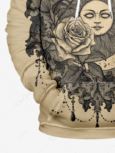 Gothic Plus Size Sun Moon Face Rose Flower Print Pullover Long Sleeves Hoodie For Men