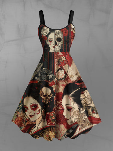 Gothic Plus Size Skull Ukiyoe Flower Print A Line Dress