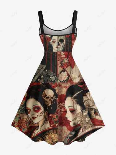 Gothic Plus Size Skull Ukiyoe Flower Print A Line Dress
