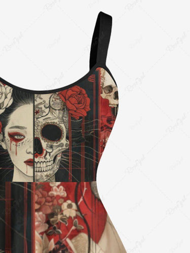 Gothic Plus Size Skull Ukiyoe Flower Print A Line Dress