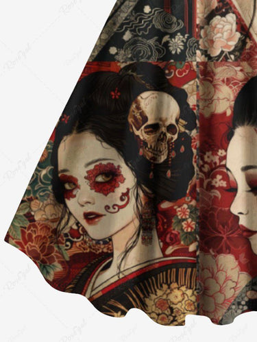 Gothic Plus Size Skull Ukiyoe Flower Print A Line Dress