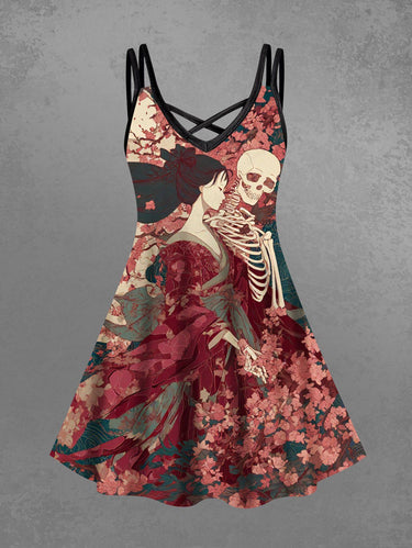 Gothic Plus Size Cherry Blossom Skeleton Ukiyoe Print Crisscross Strappy A Line Cami Dress