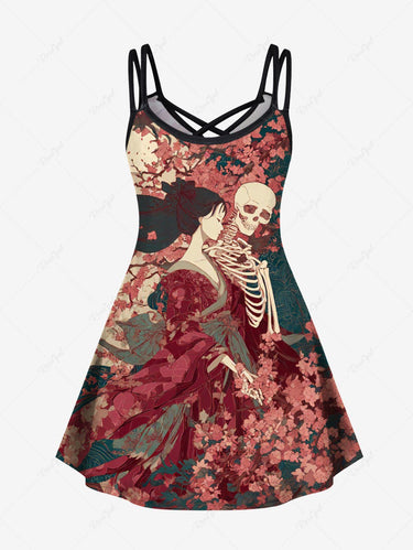 Gothic Plus Size Cherry Blossom Skeleton Ukiyoe Print Crisscross Strappy A Line Cami Dress