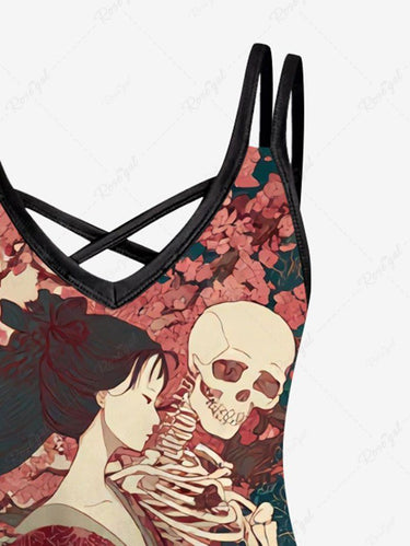 Gothic Plus Size Cherry Blossom Skeleton Ukiyoe Print Crisscross Strappy A Line Cami Dress