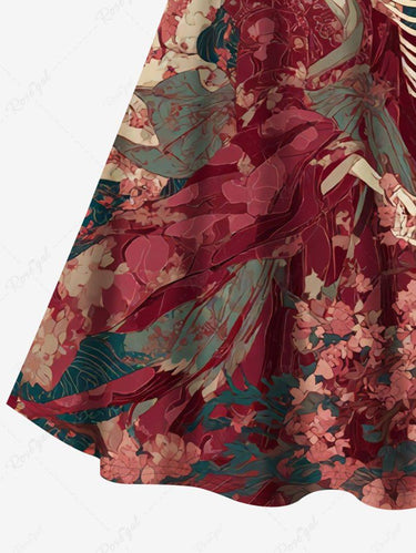 Gothic Plus Size Cherry Blossom Skeleton Ukiyoe Print Crisscross Strappy A Line Cami Dress