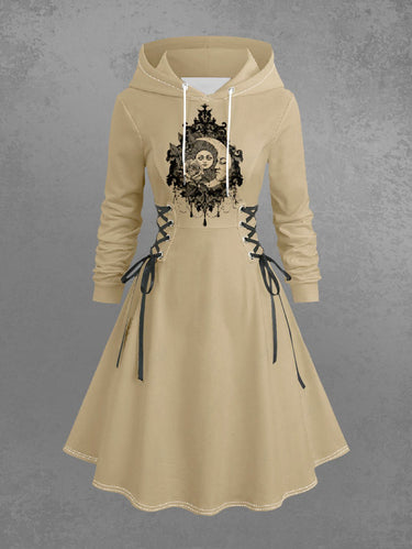 Gothic Plus Size Sun Moon Face Rose Flower Print Lace Up A Line Hooded Dress