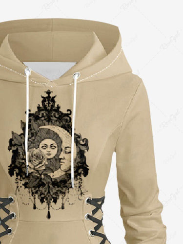 Gothic Plus Size Sun Moon Face Rose Flower Print Lace Up A Line Hooded Dress