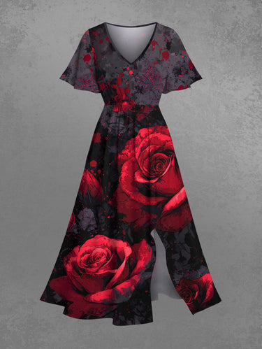 Gothic Plus Size Rose Flower Print Valentines Split Pocket A Line Midi Dress