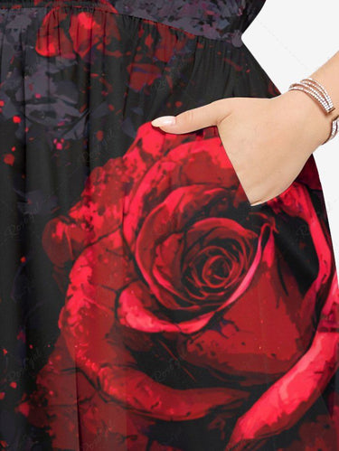 Gothic Plus Size Rose Flower Print Valentines Split Pocket A Line Midi Dress Black / 1X Gothic Plus Size Rose Flower Print Valentines Split Pocket A Line Midi Dress Black / 1X