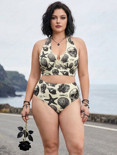 Gothic Plus Size Skull Shell Conch Starfish Print Plunging Halter Tankini Swimsuit
