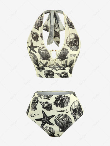 Gothic Plus Size Skull Shell Conch Starfish Print Plunging Halter Tankini Swimsuit