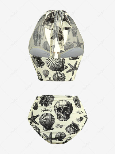 Gothic Plus Size Skull Shell Conch Starfish Print Plunging Halter Tankini Swimsuit
