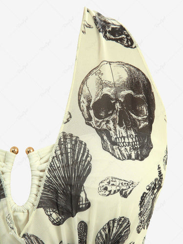 Gothic Plus Size Skull Shell Conch Starfish Print Plunging Halter Tankini Swimsuit
