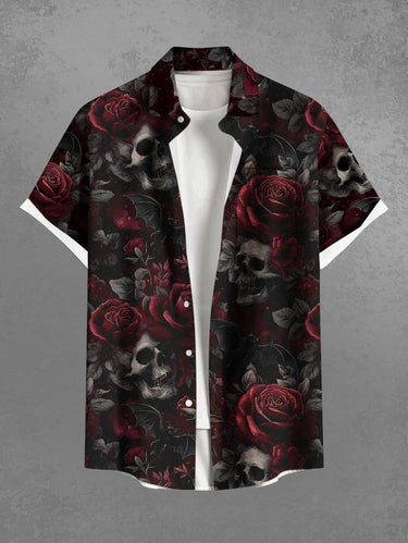 Gothic Plus Size Skull Rose Flower Leaf Print Valentines Button Pocket Shirt For Men