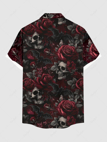 Gothic Plus Size Skull Rose Flower Leaf Print Valentines Button Pocket Shirt For Men