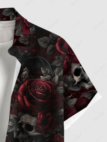 Gothic Plus Size Skull Rose Flower Leaf Print Valentines Button Pocket Shirt For Men