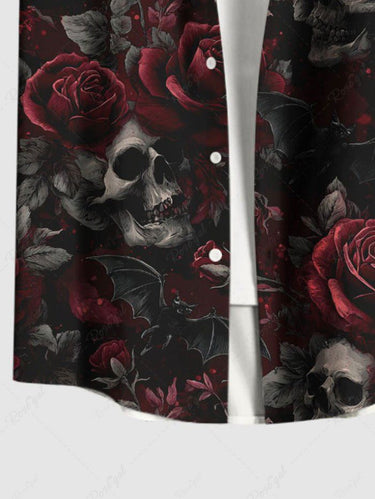 Gothic Plus Size Skull Rose Flower Leaf Print Valentines Button Pocket Shirt For Men
