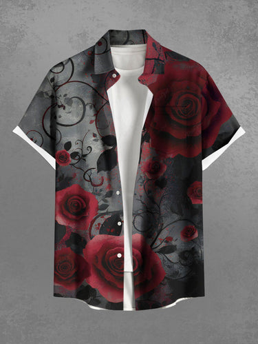 Gothic Plus Size Rose Flower Vine Leaf Print Ombre Button Pocket Shirt For Men