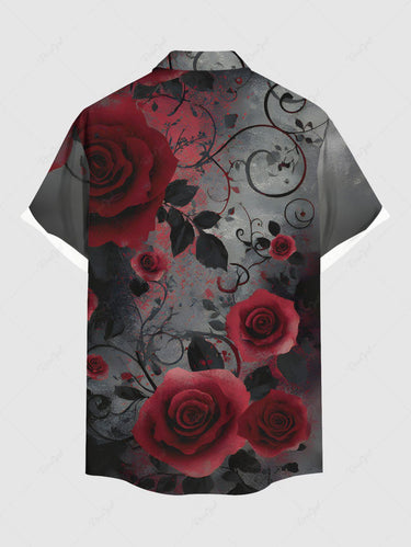 Gothic Plus Size Rose Flower Vine Leaf Print Ombre Button Pocket Shirt For Men