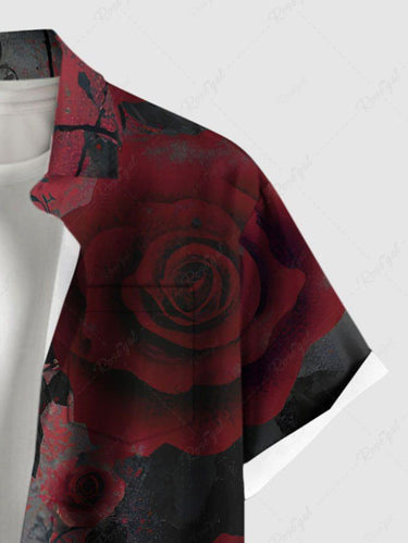 Gothic Plus Size Rose Flower Vine Leaf Print Ombre Button Pocket Shirt For Men