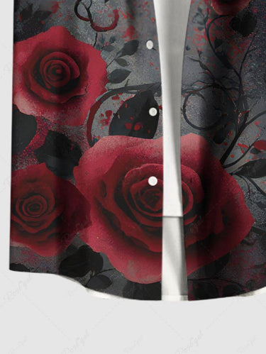 Gothic Plus Size Rose Flower Vine Leaf Print Ombre Button Pocket Shirt For Men