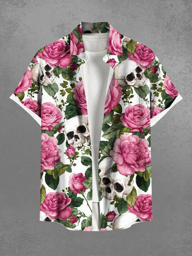 Gothic Plus Size Skull Flower Leaf Print Button Pocket Shirt For Men