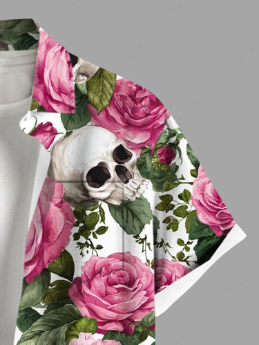 Gothic Plus Size Skull Flower Leaf Print Button Pocket Shirt For Men