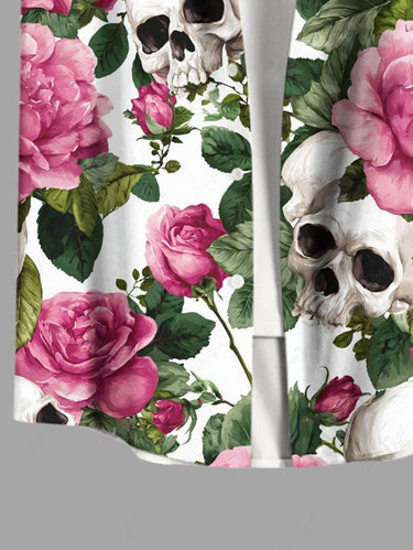 Gothic Plus Size Skull Flower Leaf Print Button Pocket Shirt For Men