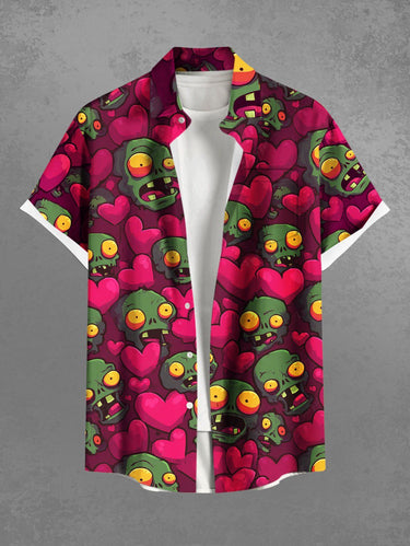 Gothic Plus Size Zombie Skull Heart Print Valentines Button Pocket Shirt For Men