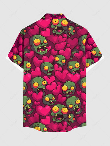 Gothic Plus Size Zombie Skull Heart Print Valentines Button Pocket Shirt For Men