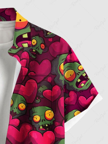 Gothic Plus Size Zombie Skull Heart Print Valentines Button Pocket Shirt For Men
