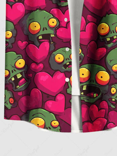 Gothic Plus Size Zombie Skull Heart Print Valentines Button Pocket Shirt For Men