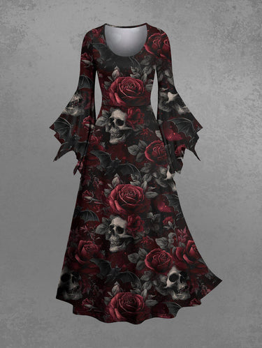 Gothic Skull Rose Flower Leaf Print Valentines A Line Dress