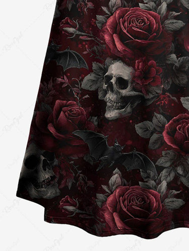 Gothic Skull Rose Flower Leaf Print Valentines A Line Dress Black / XXL Gothic Skull Rose Flower Leaf Print Valentines A Line Dress Black / XXL