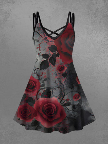 Gothic Plus Size Rose Flower Vine Leaf Print Ombre Crisscross Strappy A Line Cami Dress