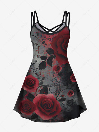 Gothic Plus Size Rose Flower Vine Leaf Print Ombre Crisscross Strappy A Line Cami Dress