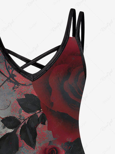 Gothic Plus Size Rose Flower Vine Leaf Print Ombre Crisscross Strappy A Line Cami Dress