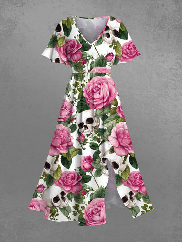 Gothic Plus Size Skull Flower Leaf Print Split Pocket A Line Midi Dress