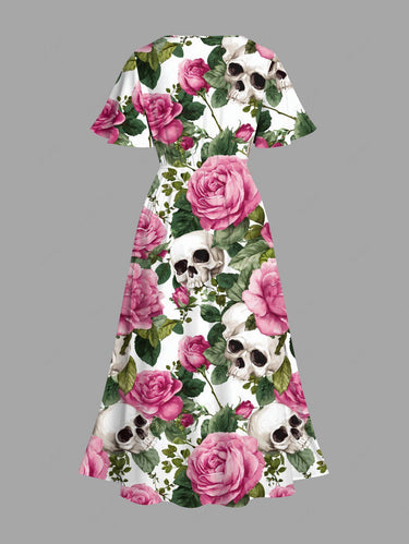 Gothic Plus Size Skull Flower Leaf Print Split Pocket A Line Midi Dress