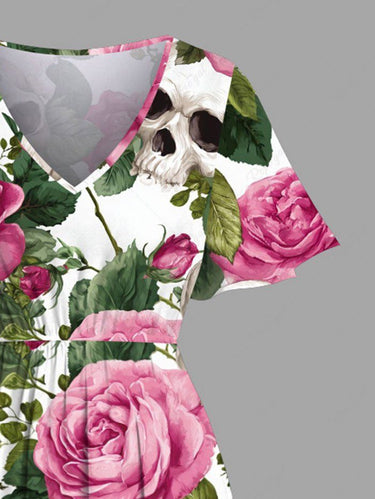 Gothic Plus Size Skull Flower Leaf Print Split Pocket A Line Midi Dress