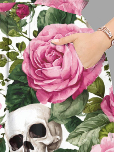 Gothic Plus Size Skull Flower Leaf Print Split Pocket A Line Midi Dress