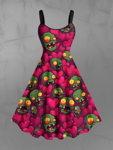 Gothic Plus Size Zombie Skull Heart Print Valentines A Line Dress