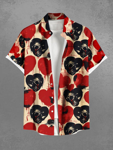 Gothic Plus Size Skull Heart Print Valentines Button Pocket Shirt For Men