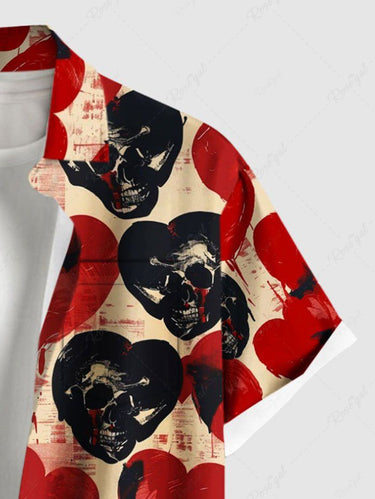 Gothic Plus Size Skull Heart Print Valentines Button Pocket Shirt For Men