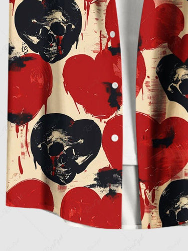 Gothic Plus Size Skull Heart Print Valentines Button Pocket Shirt For Men