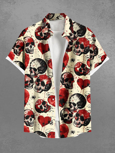 Gothic Plus Size Skull Heart Print Valentines Button Pocket Shirt For Men