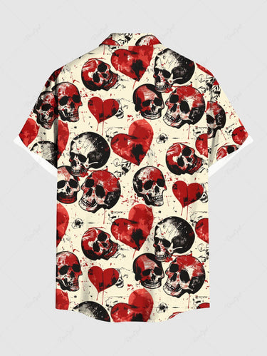 Gothic Plus Size Skull Heart Print Valentines Button Pocket Shirt For Men